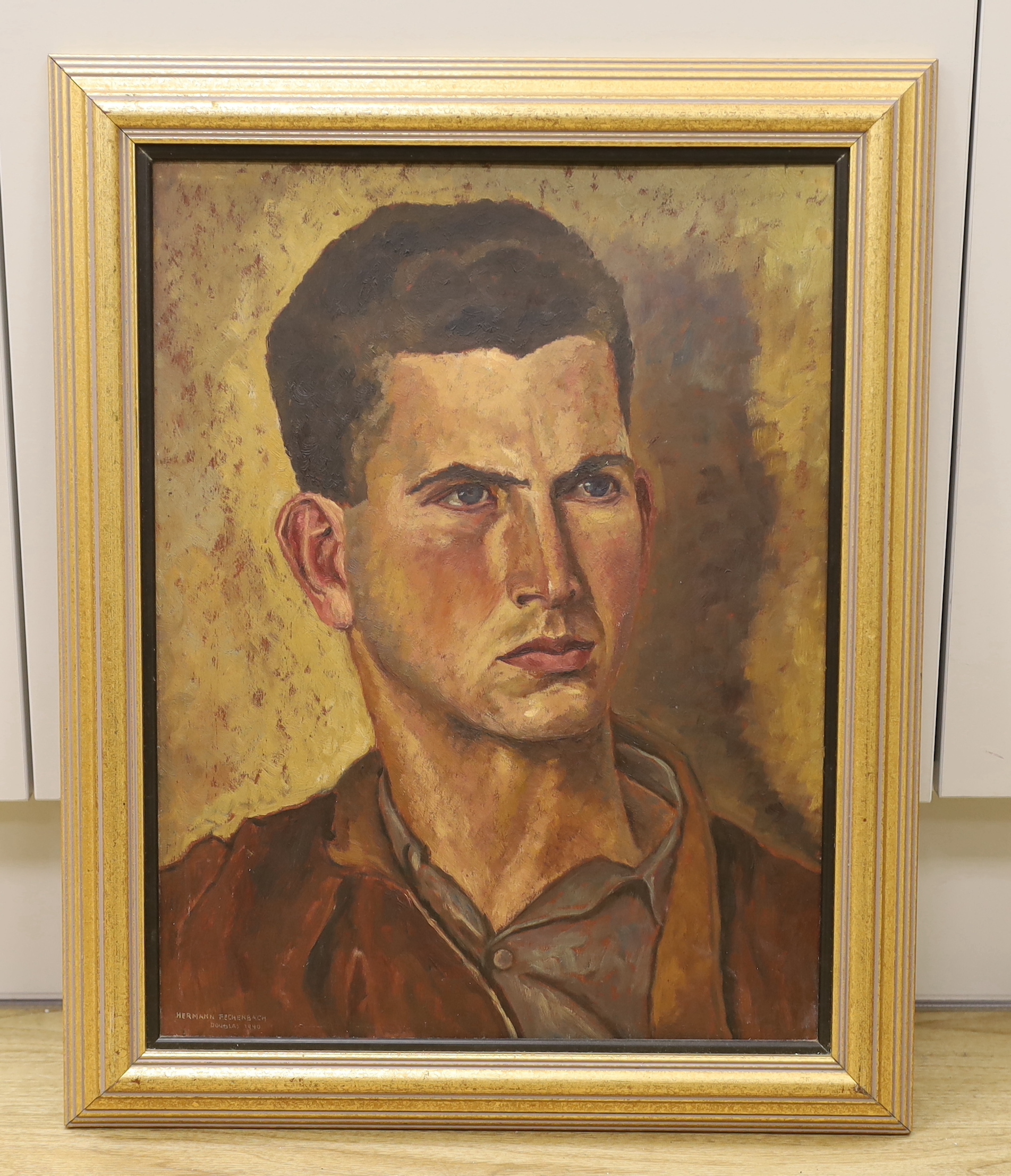 Hermann Fechenbach (German, 1877-1986), oil on board, Portrait of a young gentleman, signed and inscribed Douglas 1940, 45 x 35cm